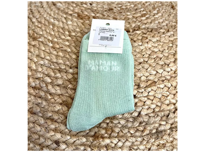 V315- Chaussettes paillettes "Maman d'Amour" (vert d'eau)