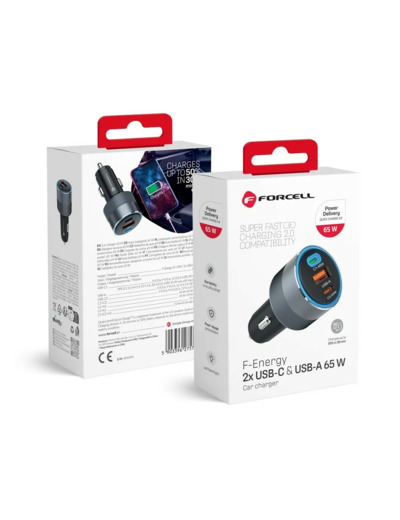 FORCELL F-ENERGY Alu chargeur de voiture 2 x Type C + USB A PD QC4.0 SFC2.0 4.5A 65W gris