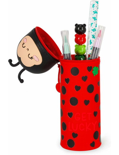 Legami - Kawaii Étui École 2 en 1 en Silicone Souple, Porte-stylos de Table, Fermeture à Glissière, Stylos Crayons Feutres LADYBUG