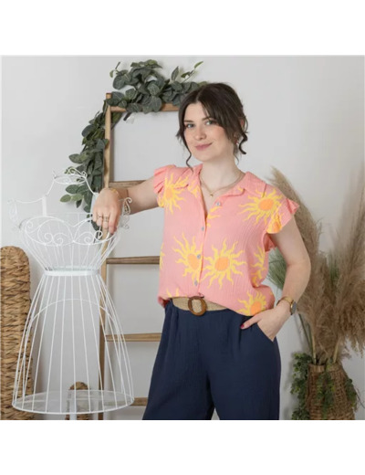 K195- Chemise "Soleil" ☀️ (Tu) 🇮🇹 (corail)