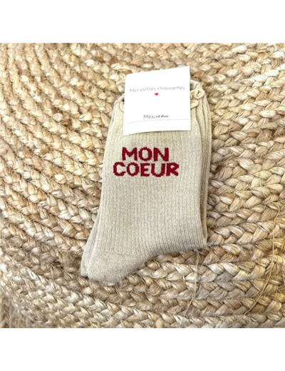 V325- Chaussettes paillettes "Mon Coeur" (beige)