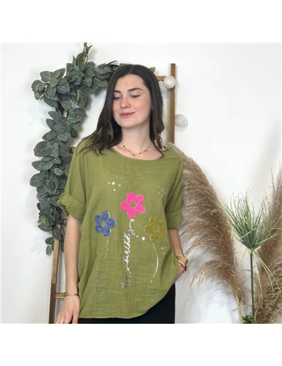 L467- Tunique 3 Fleurs Happy (Tu) 🇮🇹 (vert olive)