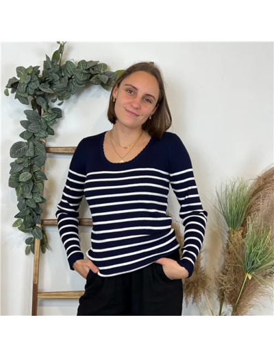 L354- Pull marinière cotelé fantaisie (Tu) (marine)