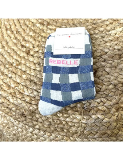 V323- Chaussettes paillettes "Rebelle" (bleu jeans)