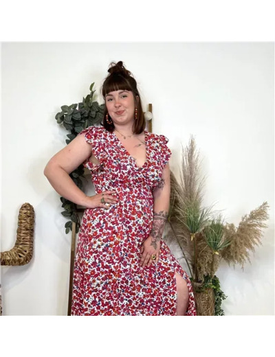 K404- Robe longue Coquelicots (T40-T48) (rouge)