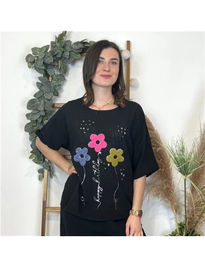 L467- Tunique 3 Fleurs Happy (Tu) 🇮🇹 (noir)