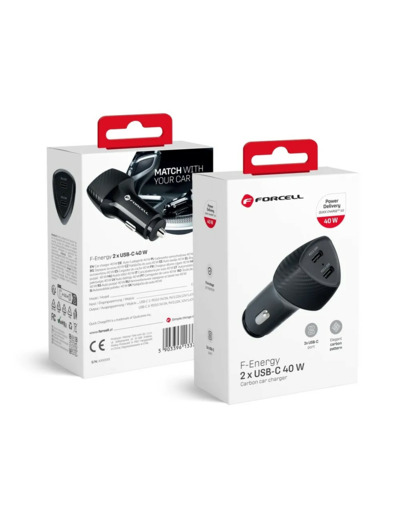FORCELL CARBON chargeur voiture Type C 3.0 PD20W + Type C 3.0 PD20W CC50-2C noir (Total 40W)