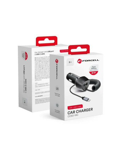 FORCELL CARBON chargeur voiture USB QC 3.0 18W + cable pour Type C 3.0 PD20W CC50-1AC noir (Total 38W)