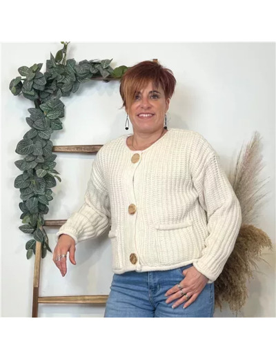 K678- Gilet Grosse Maille bouton doré (Tu) (beige)