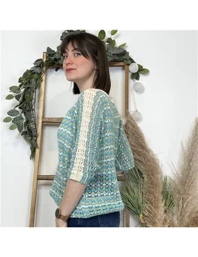 K491- Pull rayé Lurex (Tu) 🇮🇹 (bleu turquoise)