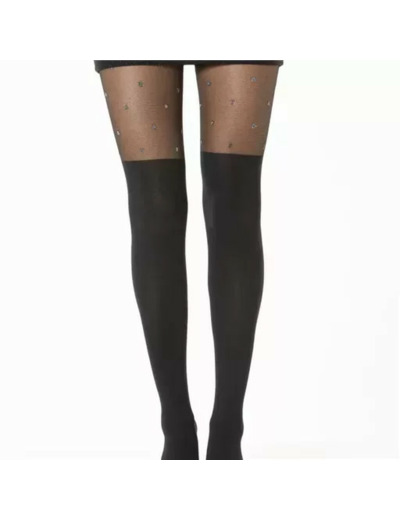 V343- Collants effet bas & strass (Tu) (noir)