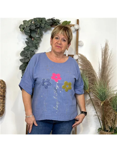 L467- Tunique 3 Fleurs Happy (Tu) 🇮🇹 (bleu indigo)