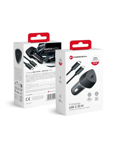 FORCELL CARBON chargeur de voiture Type C 3.0 PD20W + câble pour Apple Lightning 8-pin PD20W