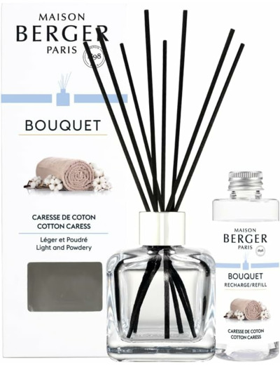 MAISON BERGER - Bouquet Parfumé - Modele Glaçon Transparent - 6 Brins Noirs - 21 cm - Recharge de 100 millilitres Incluse - Durée de Diffusion 4 à 6 semaines (Caresse de Coton)