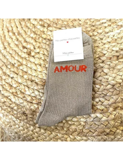 V329- Chaussettes paillettes "Amour" (taupe)