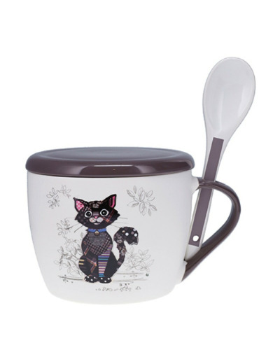 Bol à soupe avec couvercle et cuillère en porcelaine fine- motif chat noir