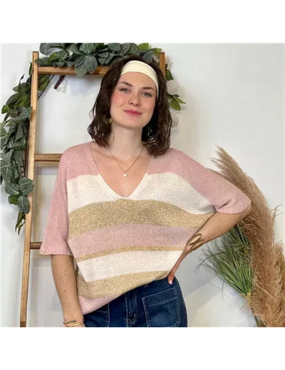 K120- Pull rayé Lurex (Tu) 🇮🇹 (rose poudré)