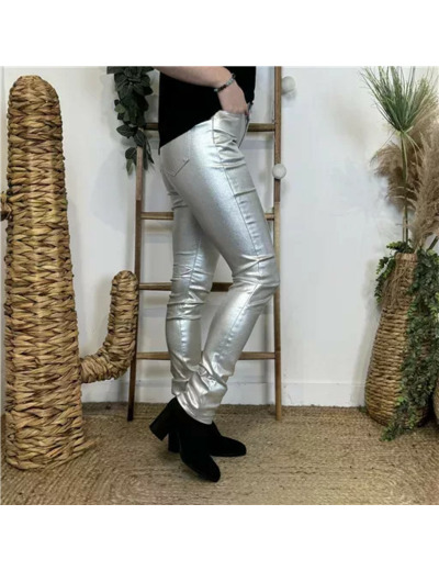 O504- Jean coupe slim Enduit (T36-T44) (argenté)