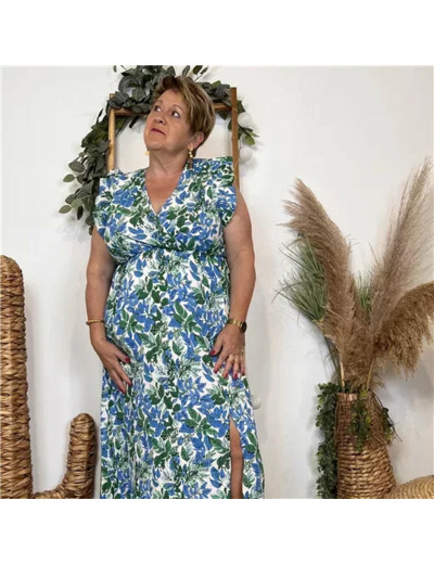 K320- Robe longue feuilles (T40-T48) (bleu royal)