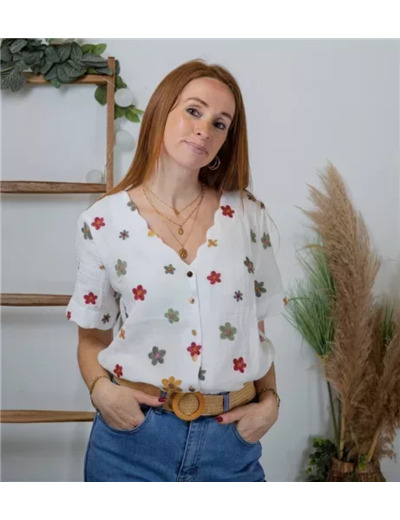 K303- Chemise Coton col dentellé (T36-T40) (blanc)
