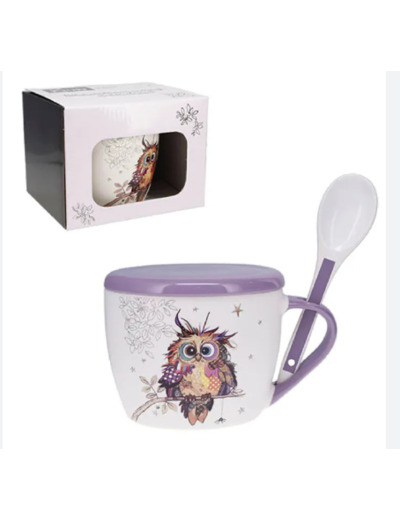 Bol à soupe avec couvercle et cuillère en porcelaine fine- motif chouette