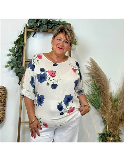 Z151- Tunique coton "FLEURS" (Gt) 🇮🇹 (beige)