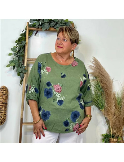 Z151- Tunique coton "FLEURS" (Gt) 🇮🇹 (kaki)