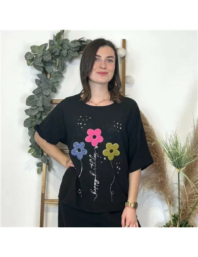 L467- Tunique 3 Fleurs Happy (Tu) 🇮🇹 (noir)