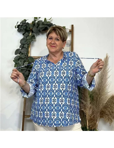 K548- Blouse Fleurie (T42-T46) (bleu indigo)