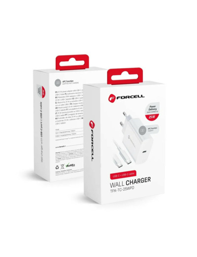 FORCELL Chargeur secteur avec câble USB type C et câble type C - 3A 25W avec fonction de charge PD et QC 4.0