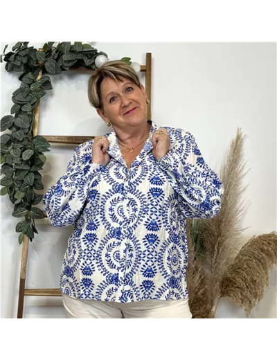 K518- Blouse Fleurie (T40-T48) (bleu royal)