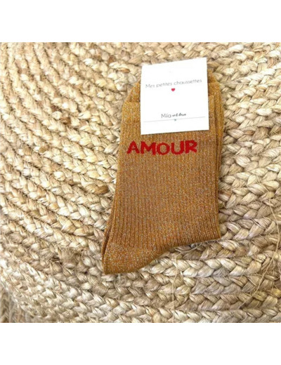 V329- Chaussettes paillettes "Amour" (moutarde)