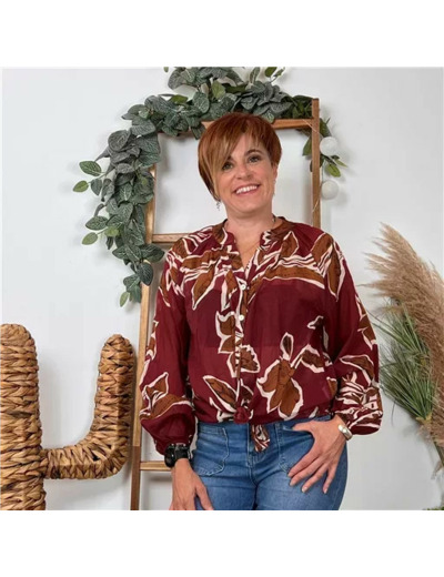 K099- Chemise coton imprimée (Tu) 🇮🇹 (bordeaux)