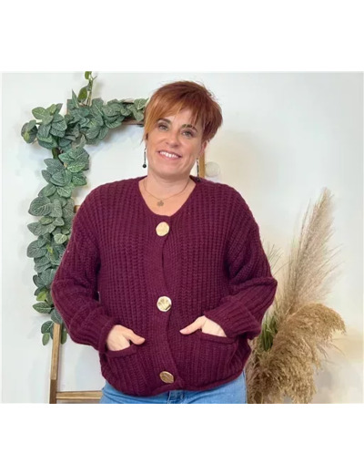 K678- Gilet Grosse Maille bouton doré (Tu) (bordeaux)