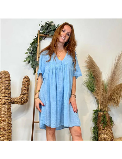 K145- Robe coton et broderie (Tu) 🇮🇹 (bleu ciel)