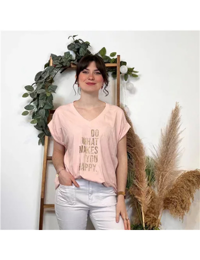 K295- T-shirt Happy (Tu) (rose pâle)