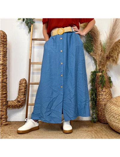 L728- Jupe boutonnée ceinture (Tu) 🇮🇹 (bleu jeans)