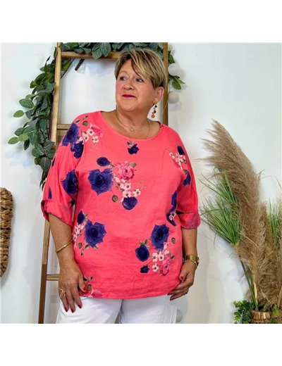Z151- Tunique coton "FLEURS" (Gt) 🇮🇹 (corail)