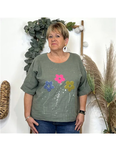 L467- Tunique 3 Fleurs Happy (Tu) 🇮🇹 (kaki)