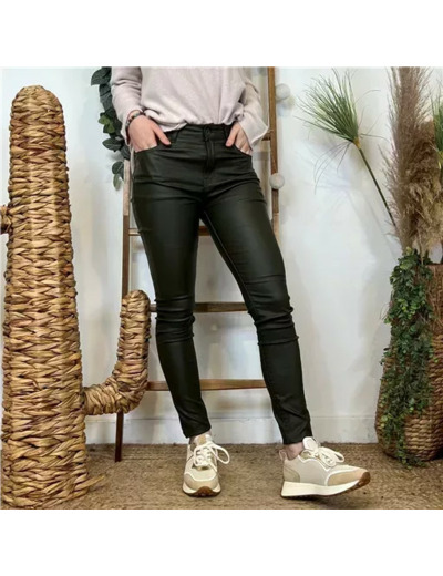 O089- Jean coupe slim Enduit (T36-T44) (kaki)