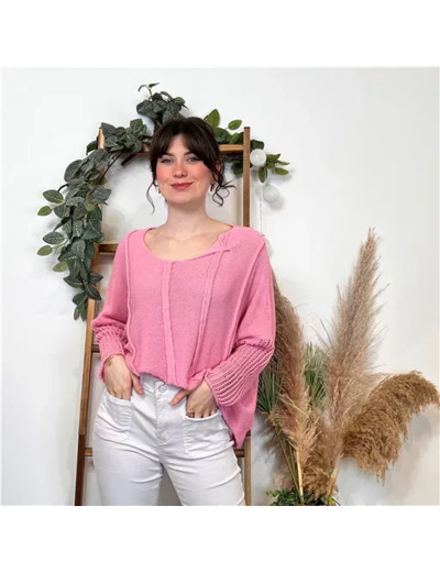 K376- Pull Crop-Top déstructuté(Tu) (rose bébé)