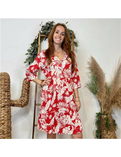 K151- Robe feuillages manches (Tu) 🇮🇹 (rouge)