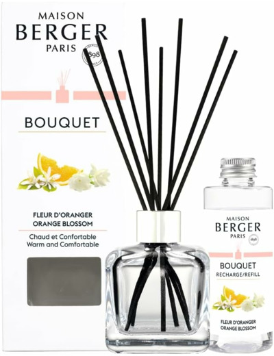 MAISON BERGER - Bouquet Parfumé - Modele Glaçon Transparent - 6 Brins Noirs - 21 cm - Recharge de 100 millilitres Incluse - Durée de Diffusion 4 à 6 semaines (Fleur d'Oranger)