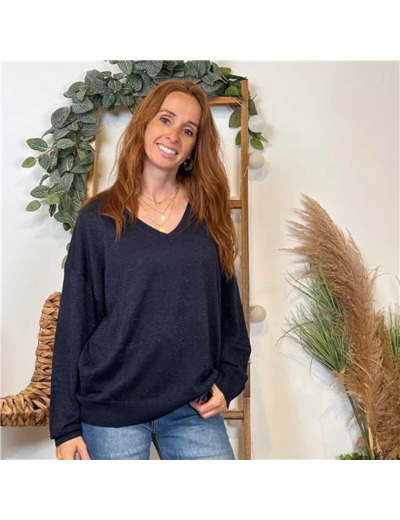 K088- Pull col en V Lurex Version Féminin (marine)