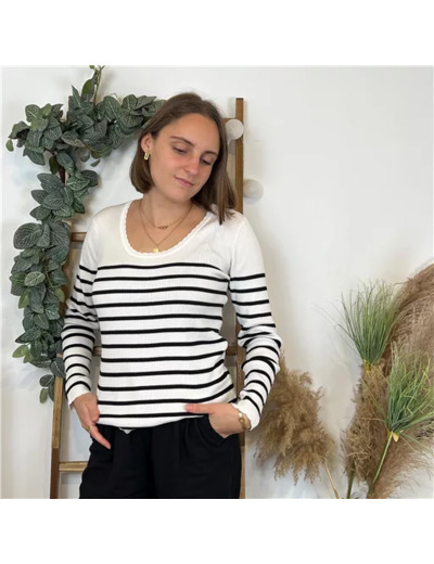 L354- Pull marinière cotelé fantaisie (Tu) (ecru)