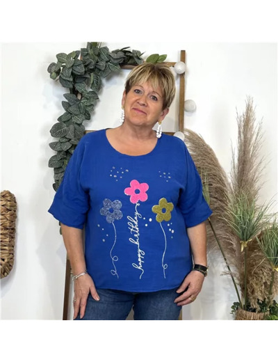 L467- Tunique 3 Fleurs Happy (Tu) 🇮🇹 (bleu royal)