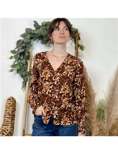 K011- Chemise imprimé automnal (T36-T38) (marron)