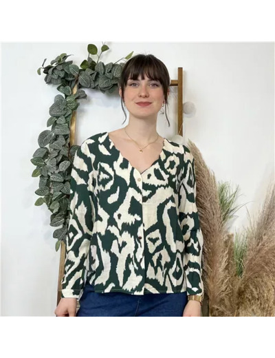 K610- Chemise col V imprimée (T36-T40) (vert sapin)