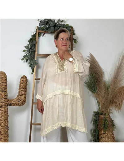 Z302- Robe tunique de plage Bohême (beige)