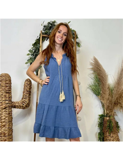 K135- Robe coton Pompon (Tu) (Tu) 🇮🇹 (bleu indigo)